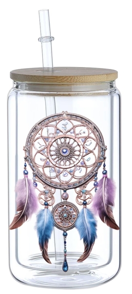 16 oz Glasbecher mit Bambusdeckel und Glastrinkhalm, verziert mit einem kunstvollen Traumfänger-Motiv in zarten Blau- und Violetttönen. Das Design zeigt detaillierte Federn und Perlen, die dem Becher eine beruhigende und spirituelle Ausstrahlung verleihen
